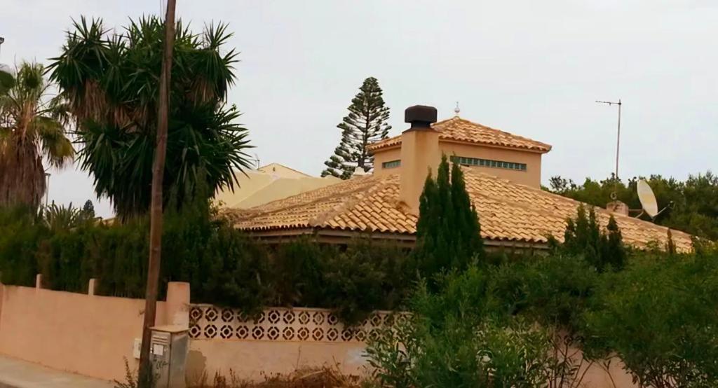 帕洛斯角Chalet los sauces的一座带瓷砖屋顶和棕榈树的房子