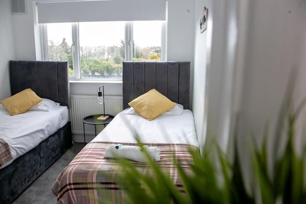 滨海绍森德Stylish Retreat in Leigh-on-Sea的小房间设有两张床和窗户