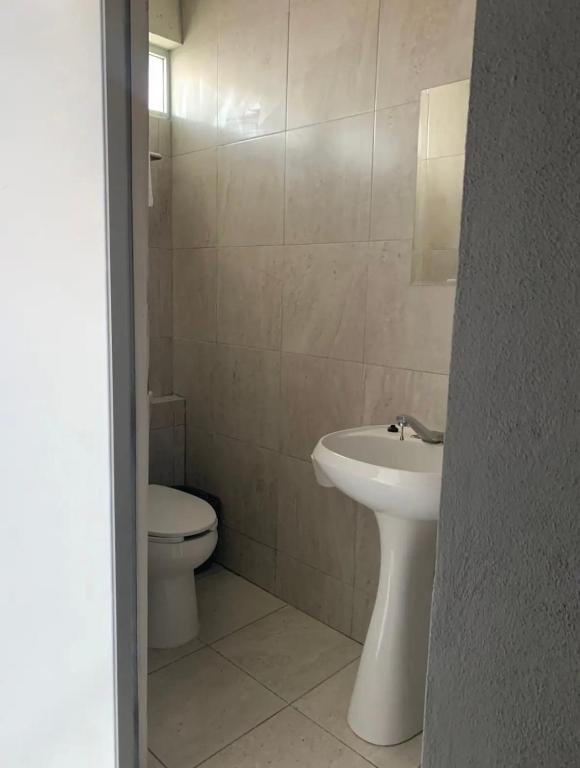 阿瓜斯卡连特斯Front vista的白色的浴室设有卫生间和水槽。