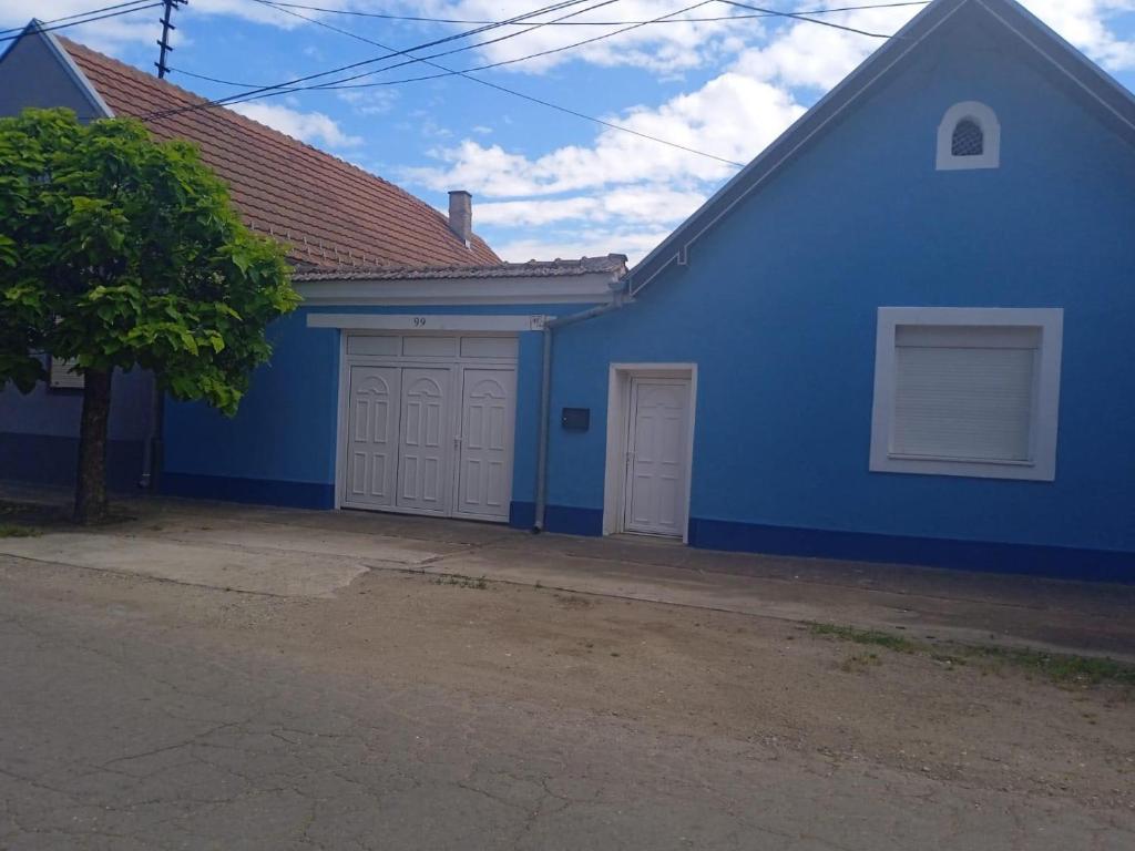 贝拉茨尔克瓦Apartman K 99, Karadjordjeva 99, Bela Crkva的蓝色的房子,有两个车库门