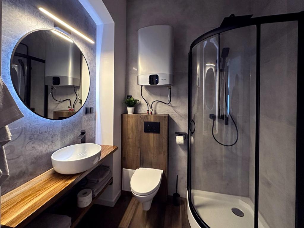 隆代克-兹德鲁伊Apartament Miła 2的浴室配有卫生间、盥洗盆和淋浴。