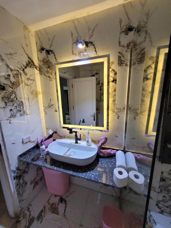 赫尔格达New Marina Hurghada Suite的一间带水槽和镜子的浴室