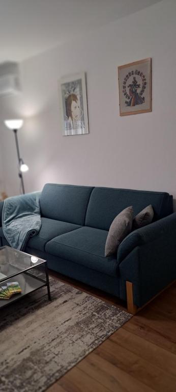 查科韦茨Apartman Moonlite的客厅里一张蓝色的沙发