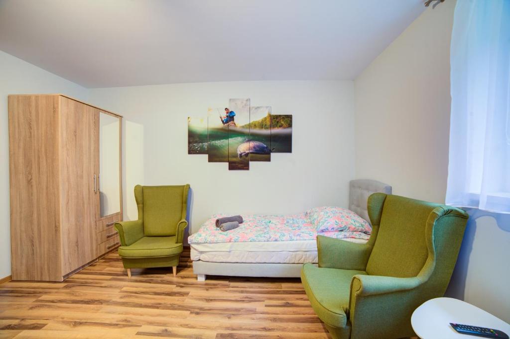ŁączkiGłowatka的一间卧室配有两张绿色椅子和一张床