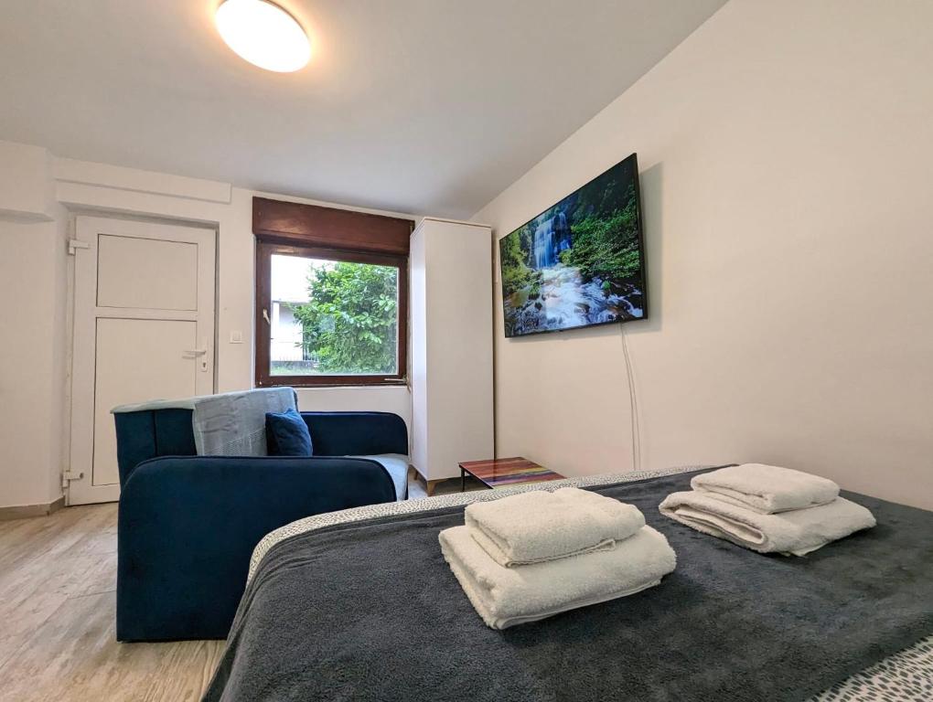 赛斯韦泰Cozy Room w A/C, 65'' TV & Floor Heating的一间卧室配有一张床和一张蓝色的沙发
