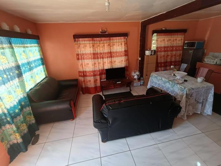 Kapeta Cabin的客厅配有桌子、沙发和书桌