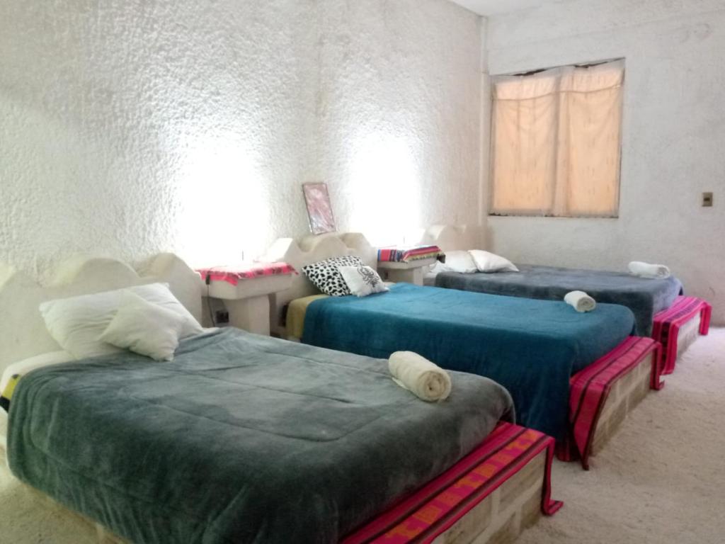 乌尤尼Hostal Beds of salt Ga的一间设有三张床的房间,上面有蓝色的盖子