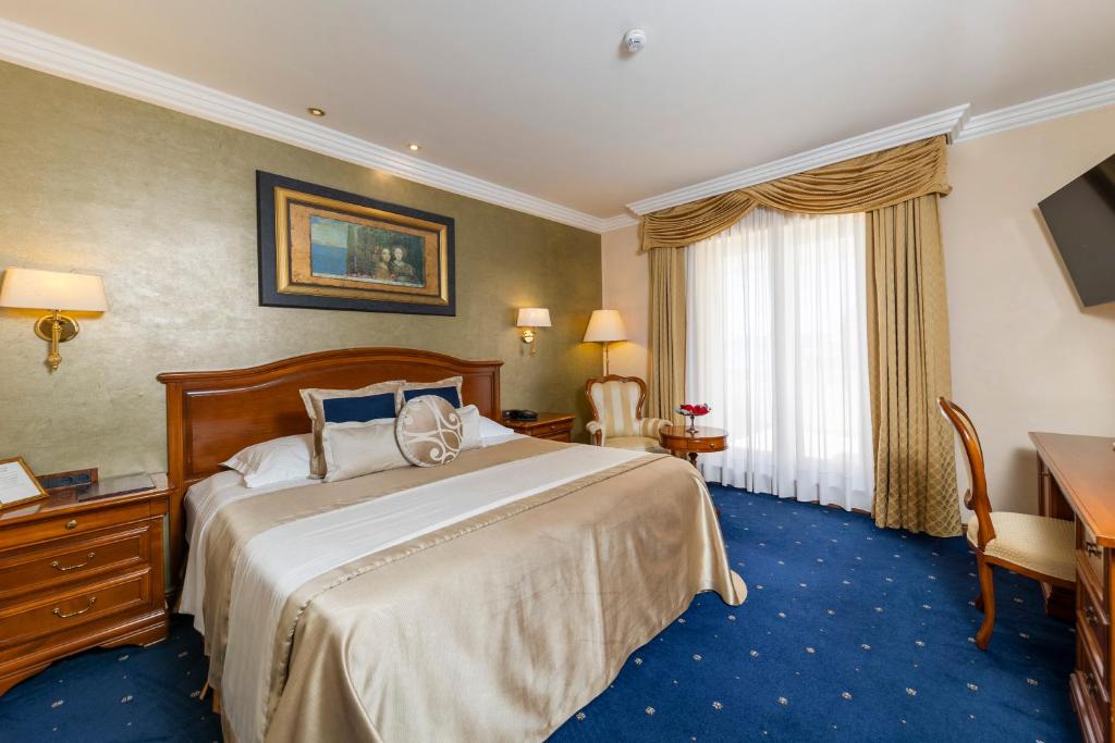 扎达尔尼科酒店的酒店客房配有一张床、一张书桌和一台电视。