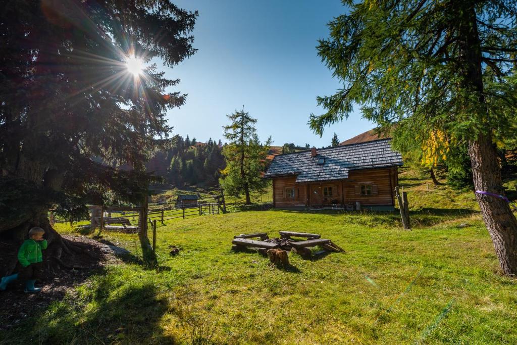 AubergGalsterbergalm Jagdhütte的小木屋,设有野餐桌