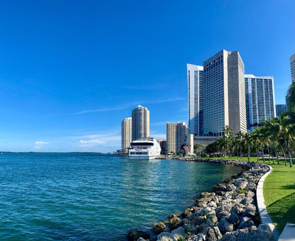 迈阿密迈阿密洲际酒店的城市天际线,有水体和建筑