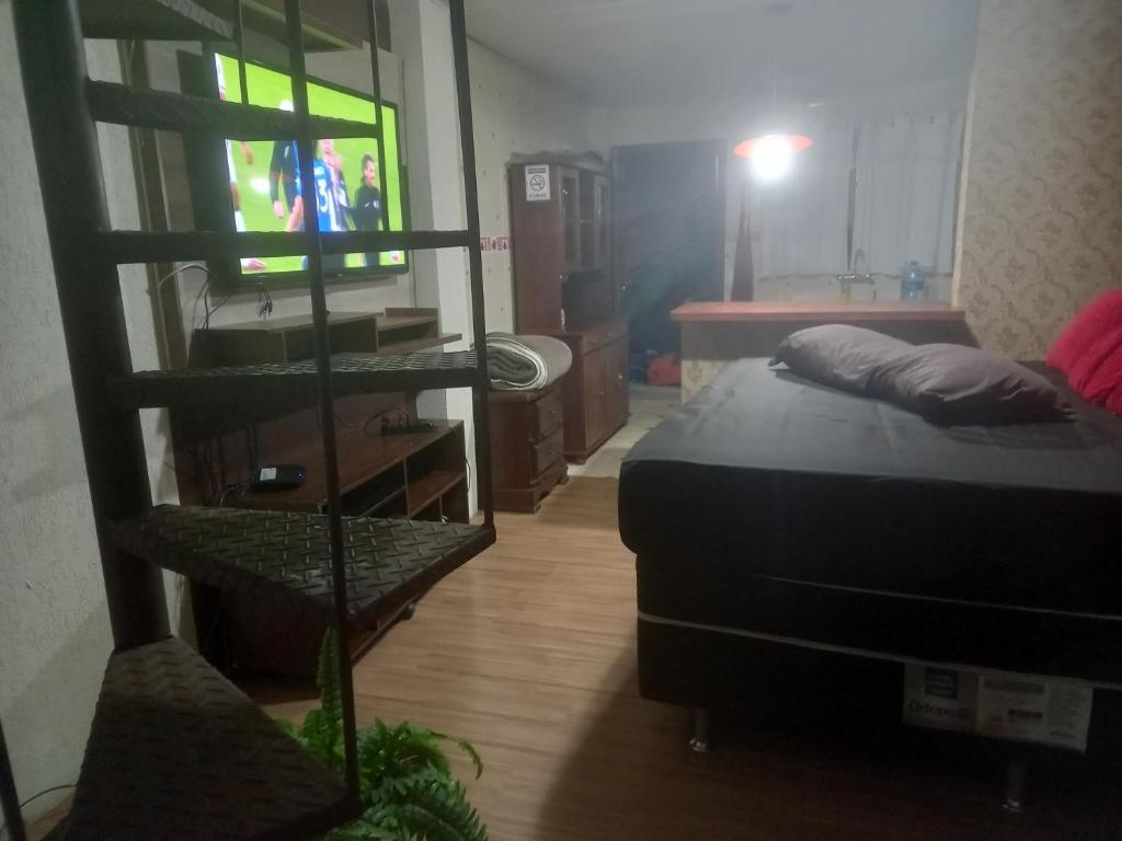 坎波斯杜若尔当Suites Cabanas e chalés 4 km do baden baden的一间卧室配有一张床和一台电视,还设有一间浴室