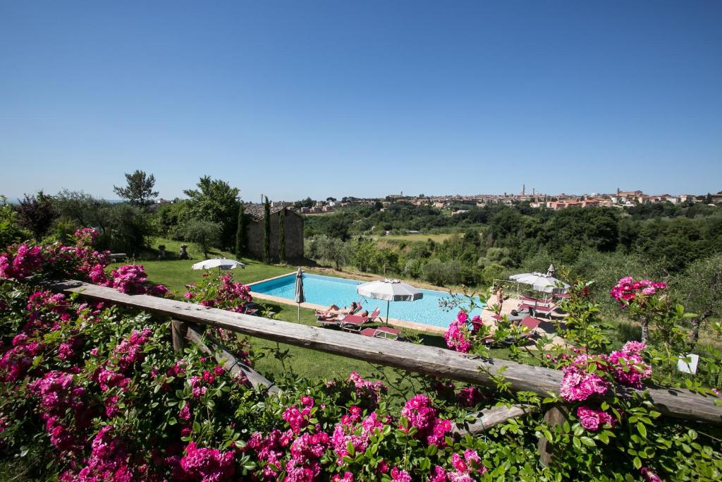锡耶纳坡德利拉斯特雷加酒店的享有游泳池的粉红色花卉美景