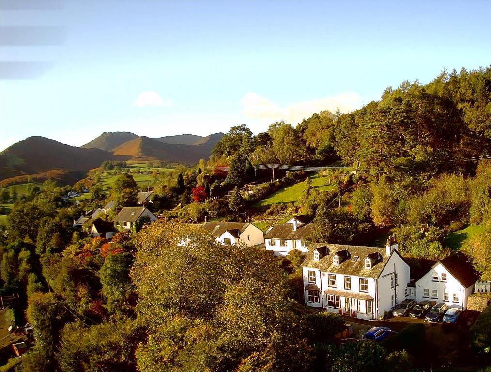 凯西克Fern Howe Guest House的山丘上一座有房屋和树木的村庄