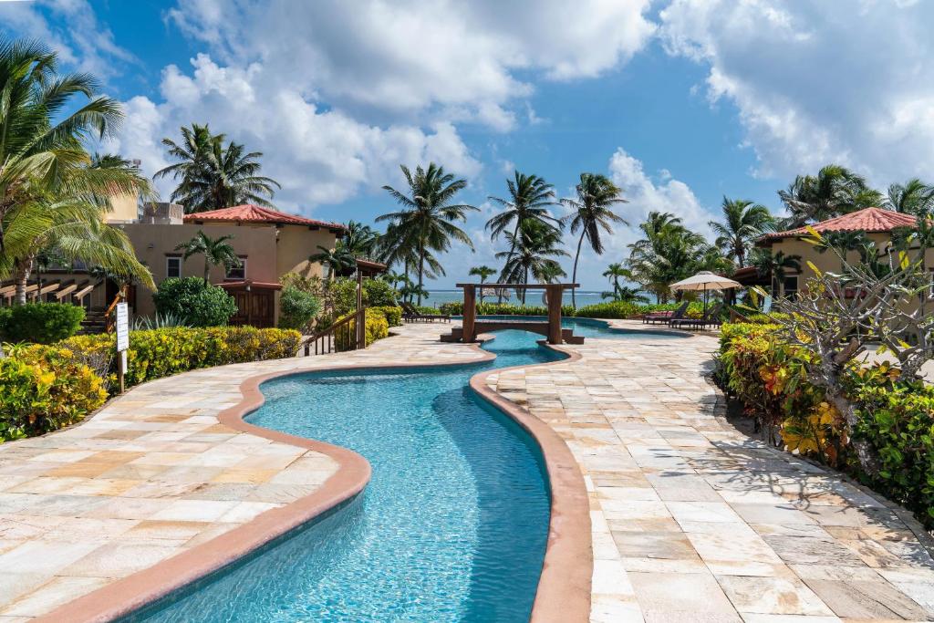 圣佩德罗Villa Serenity的棕榈树度假村的游泳池