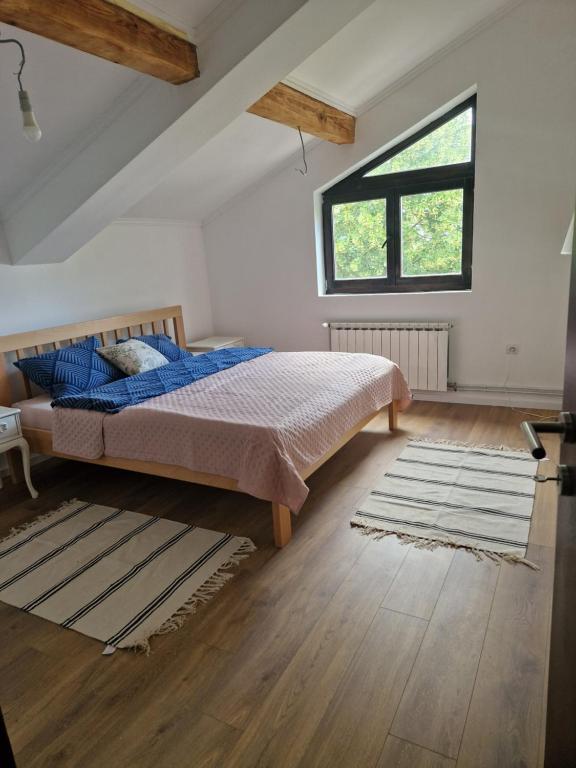 Novi BanovciChe Private Rooms Banovci的一间卧室设有一张床和一个大窗户