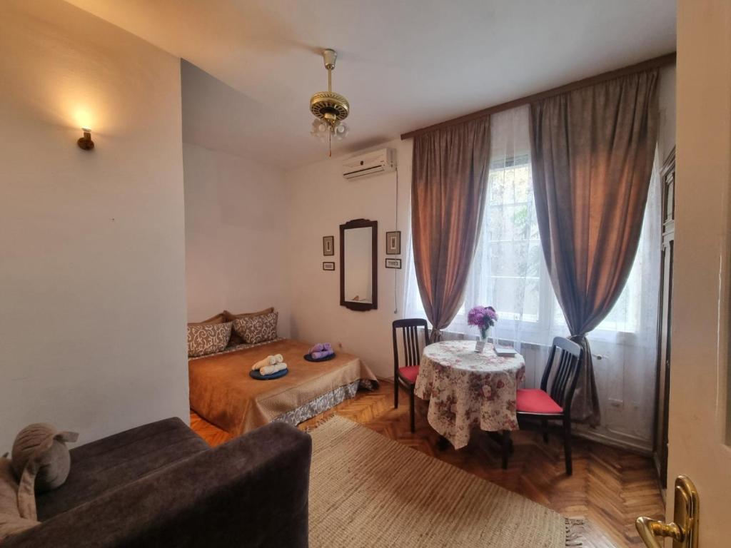 贝尔格莱德Apartment center Belgrade的客厅配有桌子、床和窗户