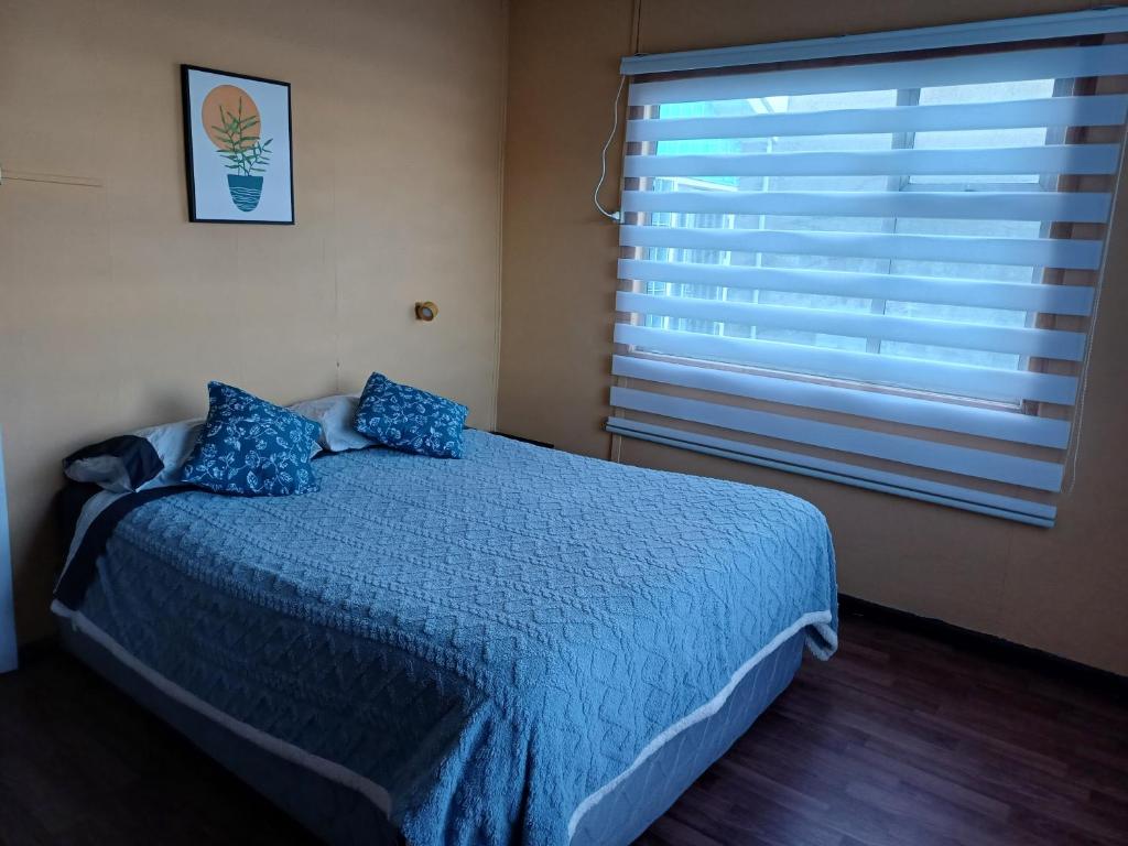 蓬塔阿雷纳斯Casa Celeste的一间卧室配有一张带蓝色棉被的床和窗户。