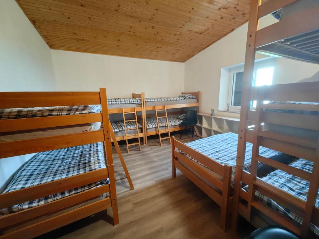 PodgorjeTumova koča na Slavniku的宿舍间设有四张双层床和一扇窗户。