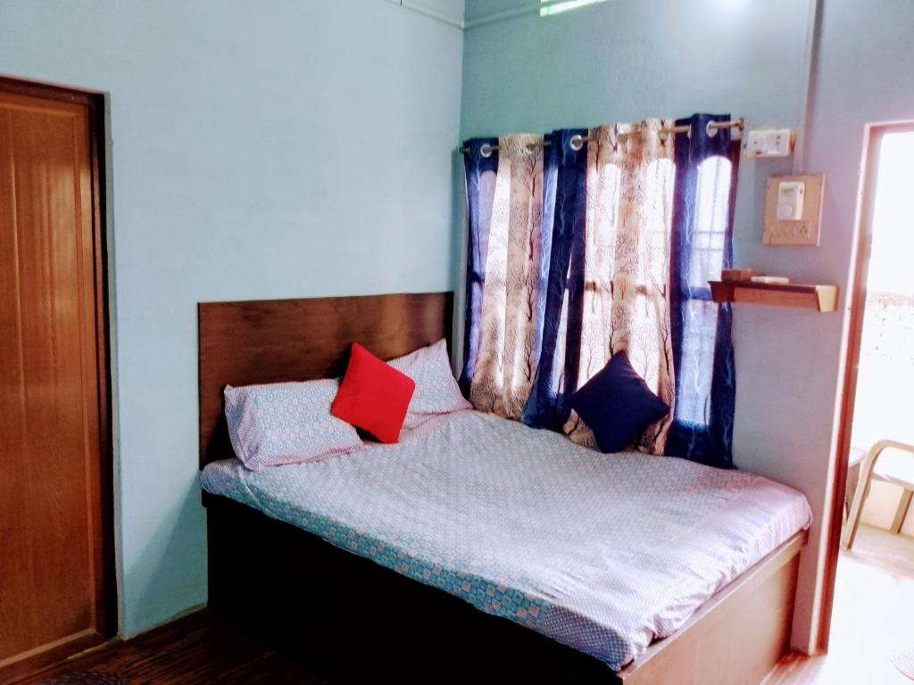 瓦拉纳西ASHA paying guest house的一间卧室配有一张带蓝色墙壁和红色枕头的床