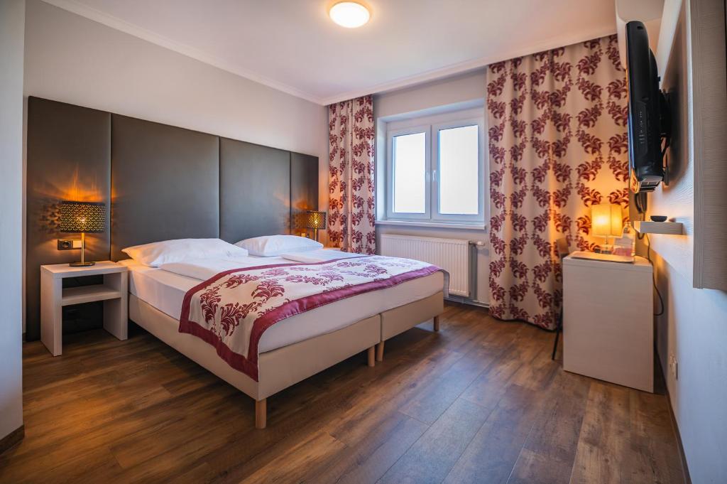 施韦夏特阿里昂机场酒店的一间卧室配有一张大床和电视