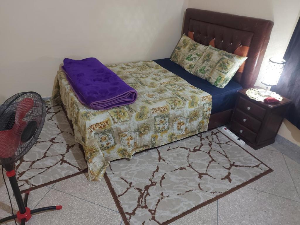阿加迪尔Chambre chez l'habitant avec famille的一间卧室配有一张带紫色床单的床和网球拍。