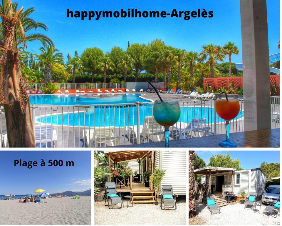 滨海阿热莱斯HappyMobilhome Argelès-sur-mer -plage à 500m- Camping 4 étoiles Del Mar的游泳池和度假村图片的拼合