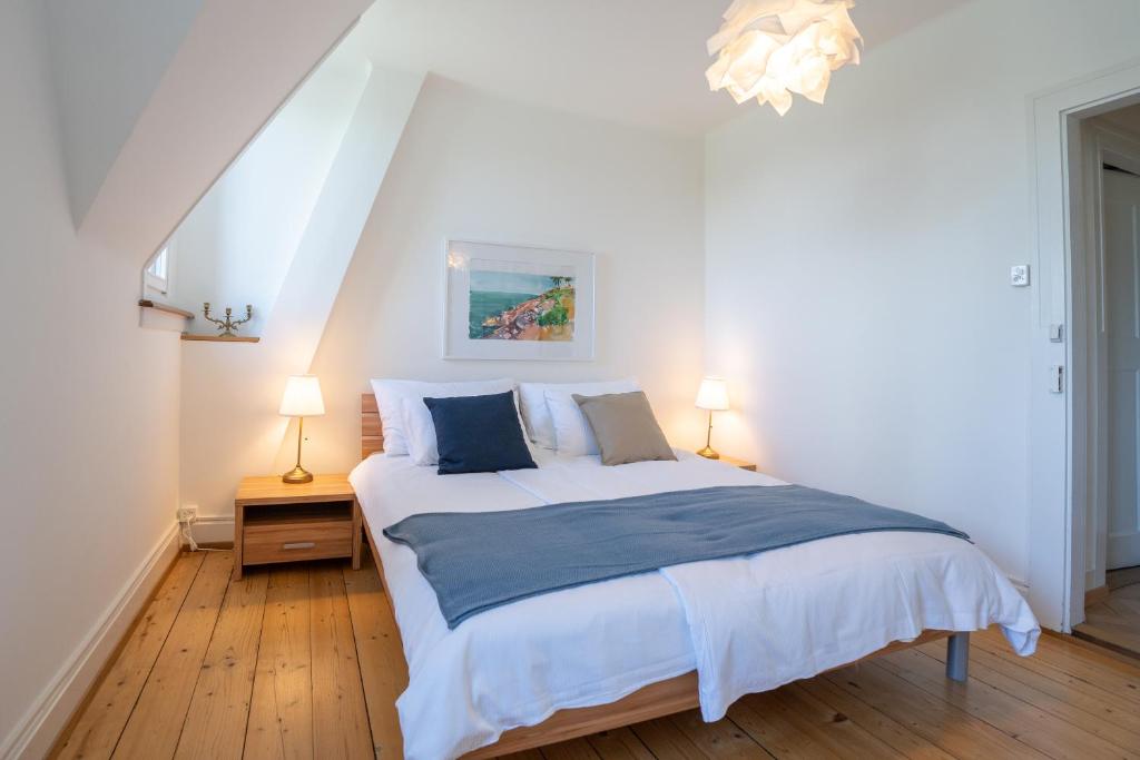 巴塞尔Charmante Altbauwohnung am Rhein的一间卧室配有一张带两盏灯的大型白色床。