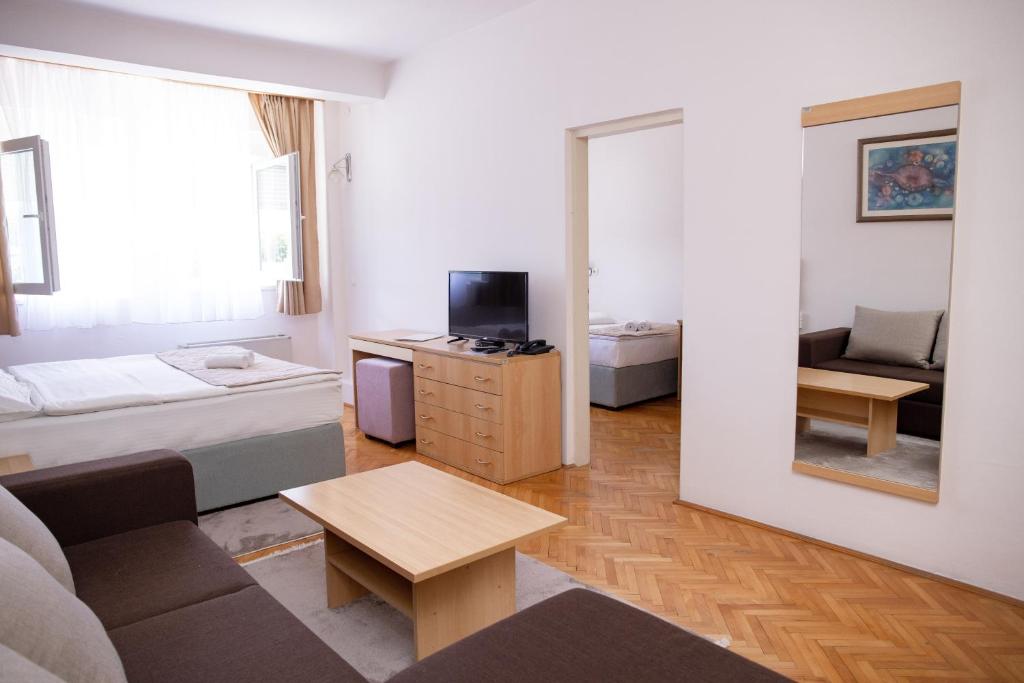 Bosanski NoviMotel New Sanatron的带沙发和镜子的客厅