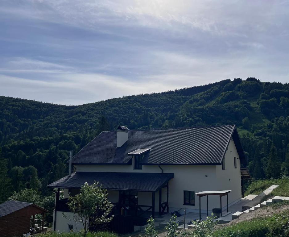 斯拉夫西克Hillside的一座白色的建筑,山中有一个黑色的屋顶