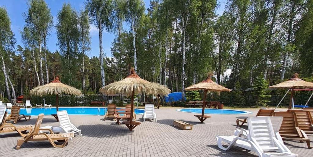 波别罗沃Baltic Dream Pobierowo的一组椅子和遮阳伞,位于游泳池旁