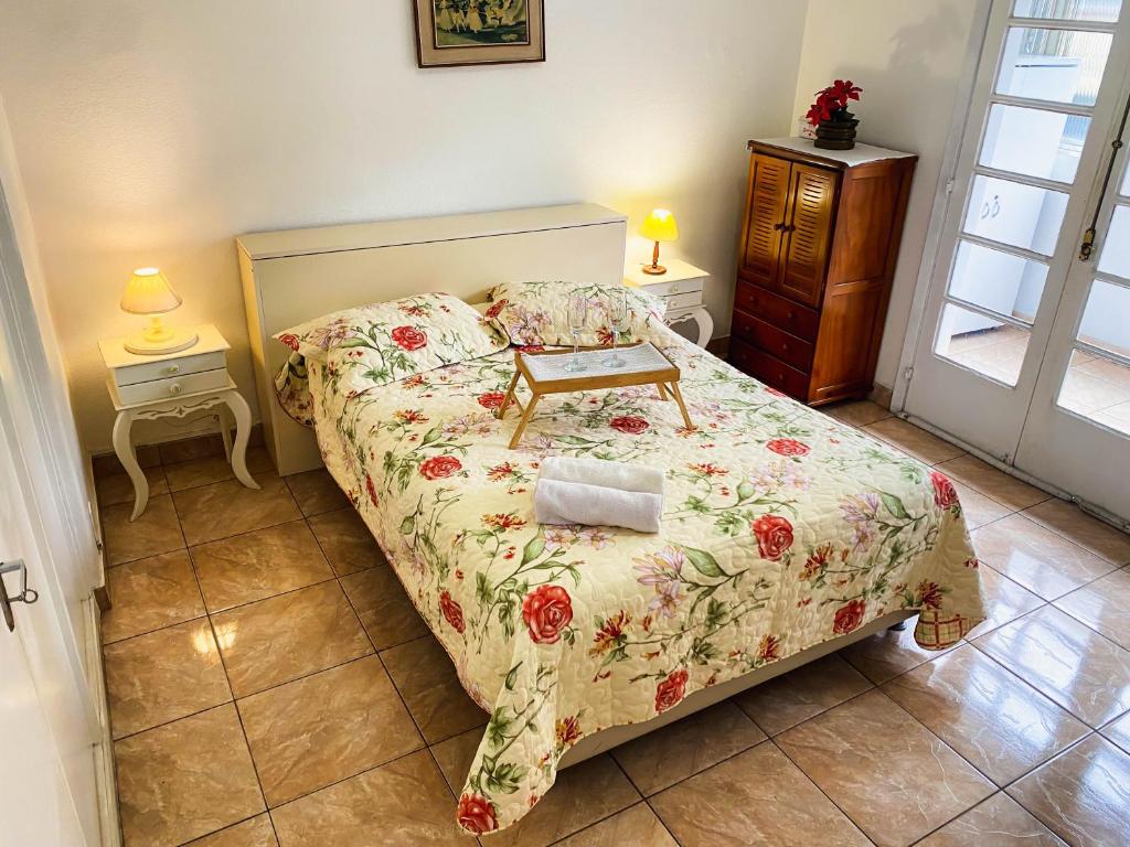 特雷索波利斯Apartamento Teresópolis - Centro的小卧室配有一张带花卉床罩的床