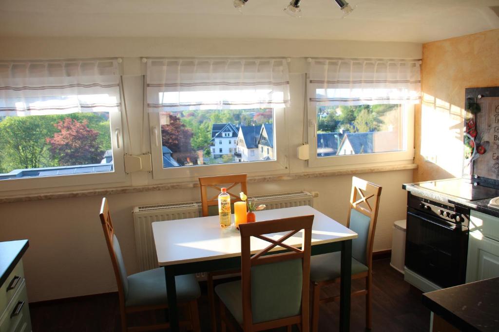 RodewischFerienwohnung ELPIDA的厨房配有桌椅和窗户。