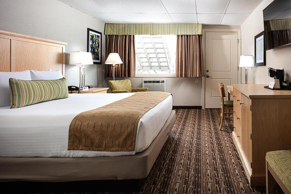 巴港Bar Harbor Villager Motel - Downtown的酒店客房设有一张大床和一张书桌。