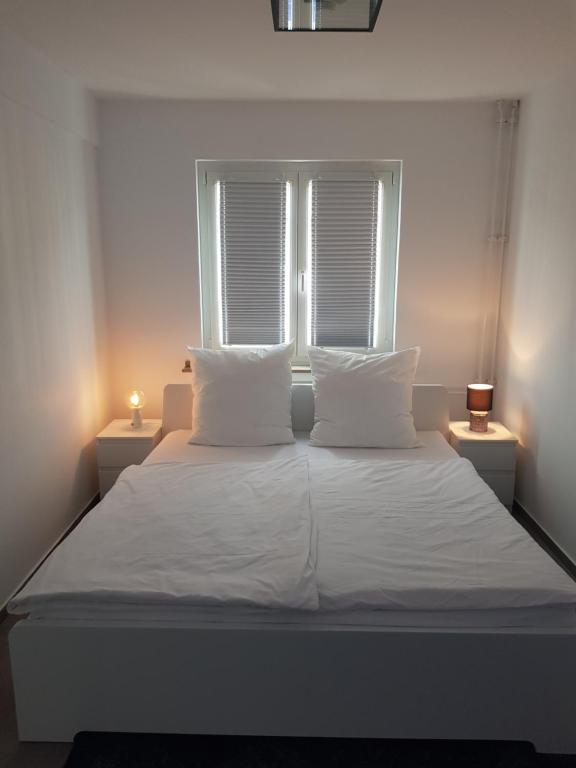 科隆Modern apartment cologne的一张带两个白色枕头的白色床和两个窗户