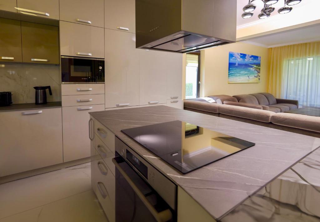 布尔加斯Luxury Sea Villa - Kabalan 1的一个带台面的厨房和一间客厅