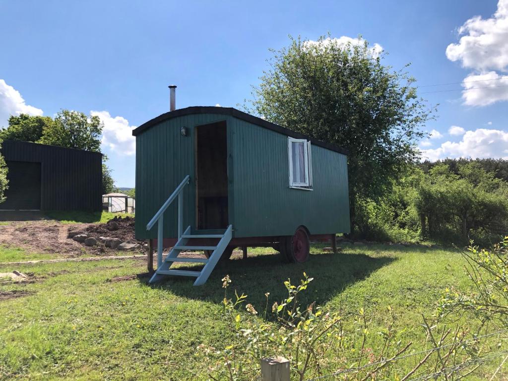 珀斯The Bothy and Wagon at Pitmeadow Farm的一座绿色的小房子,在田野上设有楼梯