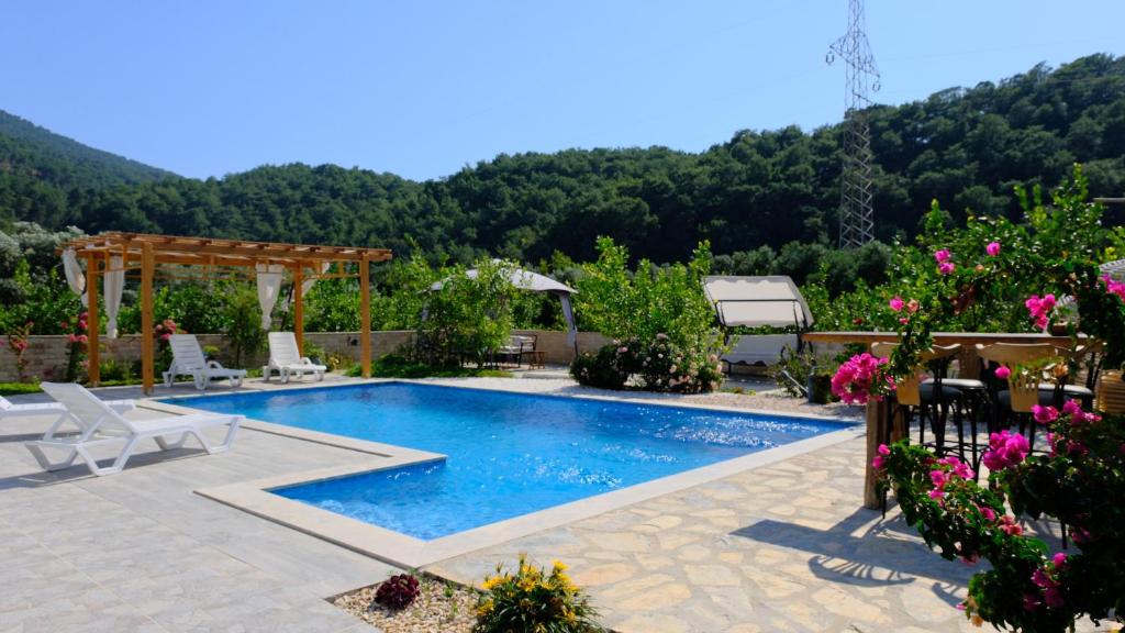 达利安Villa Dionyssos的后院的游泳池,后院的背景是群山