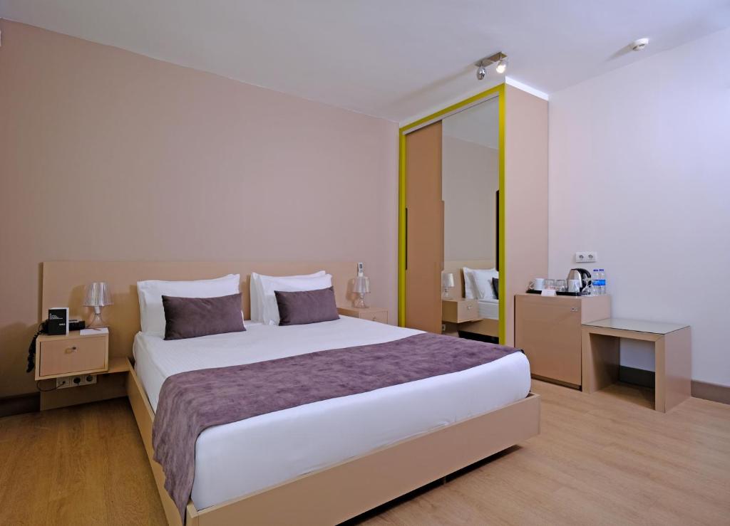 伊斯坦布尔Cheya Besiktas Istanbul Bosphorus City Center Hotel & Suites的一间卧室配有一张大床和镜子