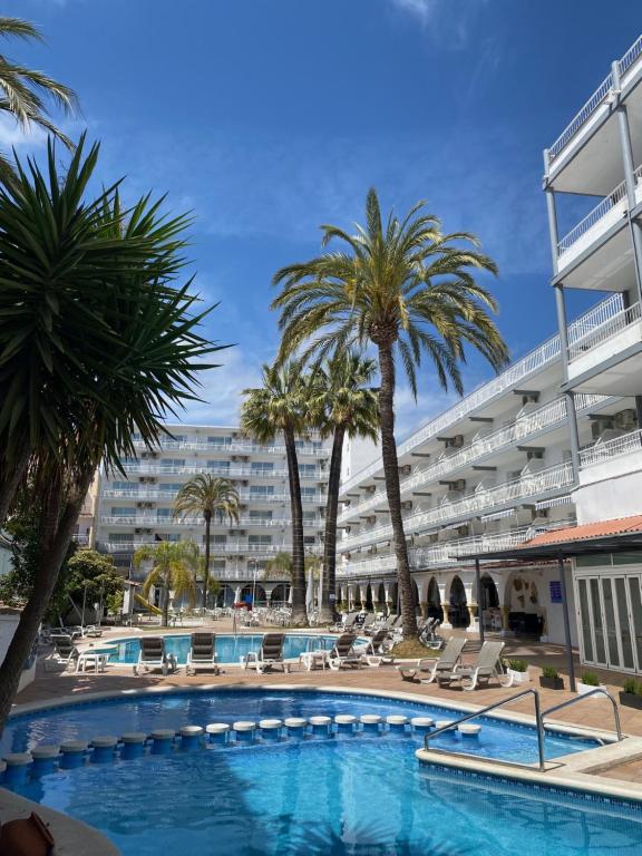 卡拉费尔索利马尔公寓酒店的一座棕榈树游泳池和一座大型建筑