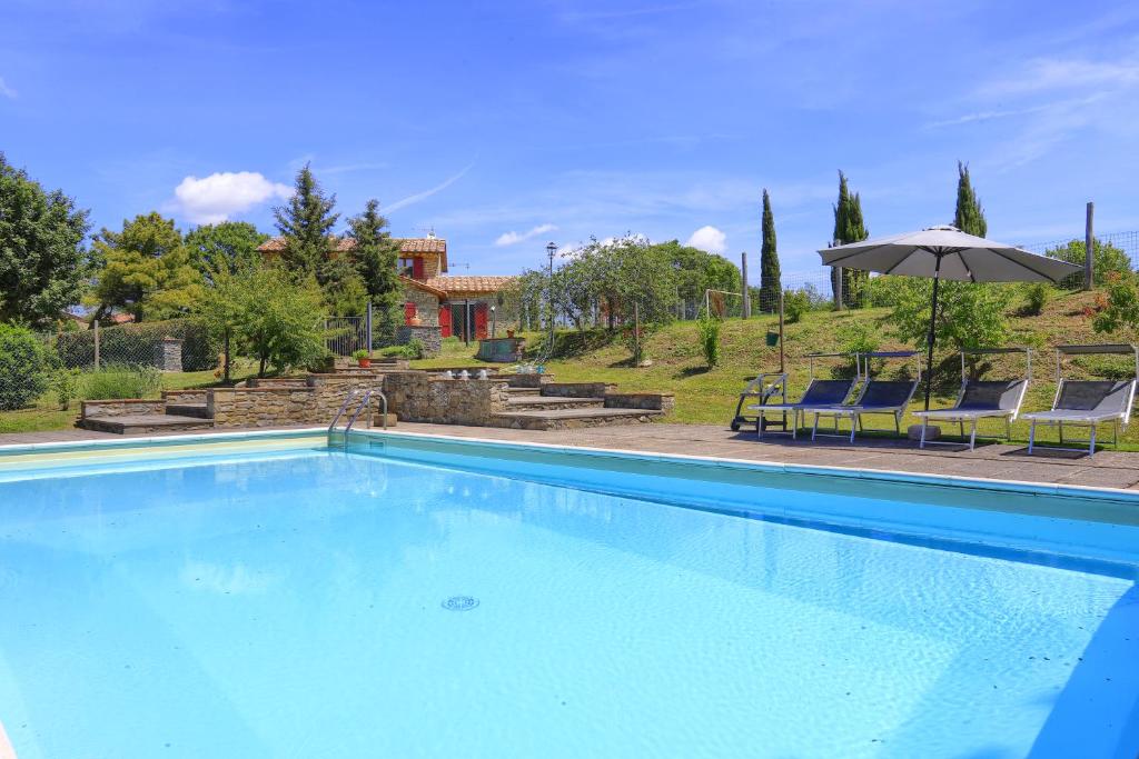 科尔托纳Casale Cantalena的蓝色游泳池配有椅子和遮阳伞