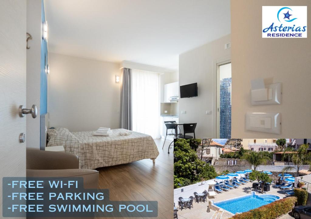 皮佐Asterias Residence的一间酒店客房,在房间内设有一个游泳池