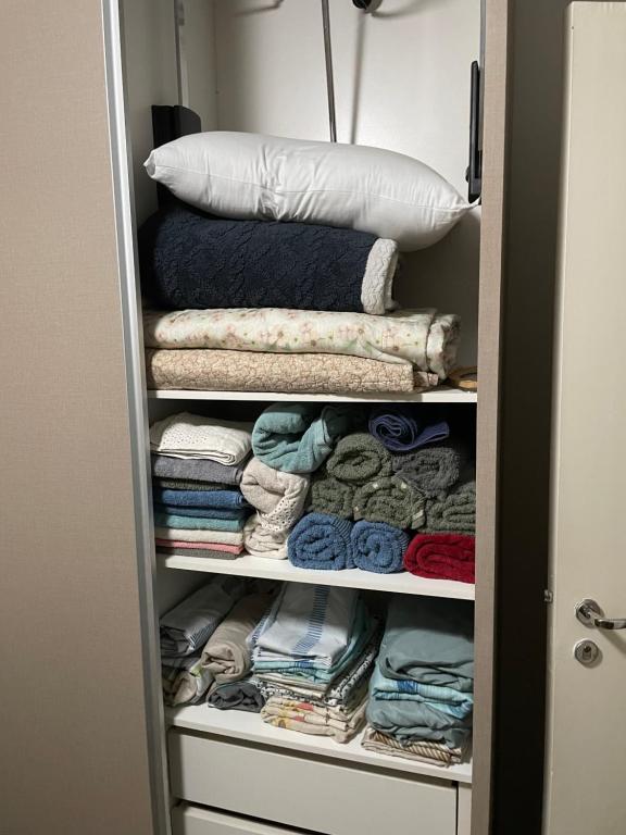 伊瓜苏Casa centro Falls的衣柜配有毛巾、毯子和枕头