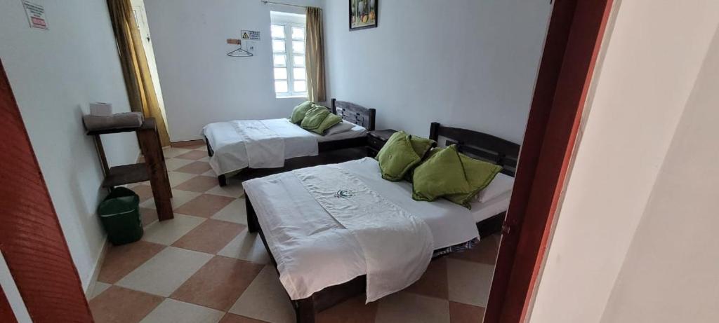 通哈Hotel Colonial El Bosque的客房 - 带两张带绿色枕头的床