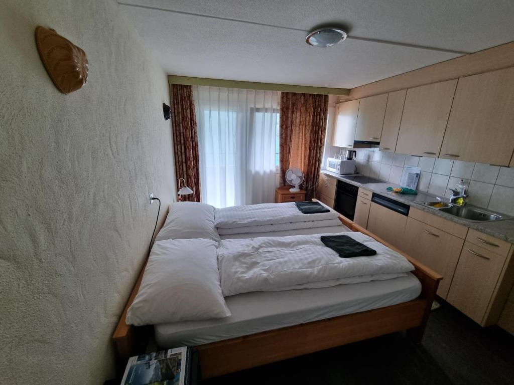因特拉肯Hotel Lakeview bei Interlaken的小房间设有床和厨房