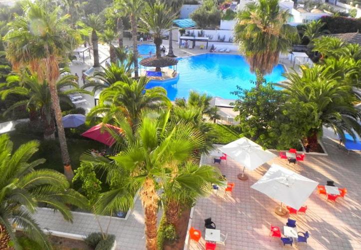 哈马马特Hammamet Serail的享有棕榈树和遮阳伞的游泳池的顶部景致