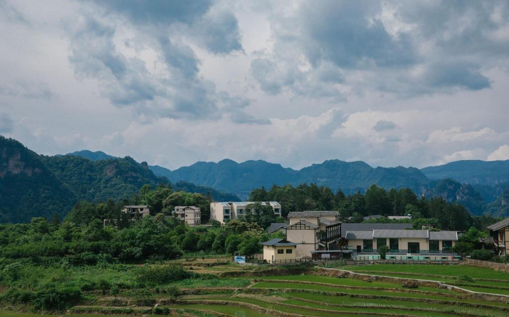 张家界treehouse的山丘上的村庄,以山丘为背景