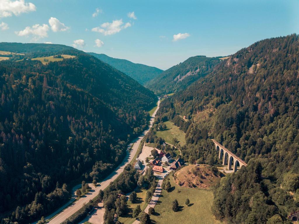 布莱特瑙Hotel Hofgut Sternen的享有山脉河流的空中景致