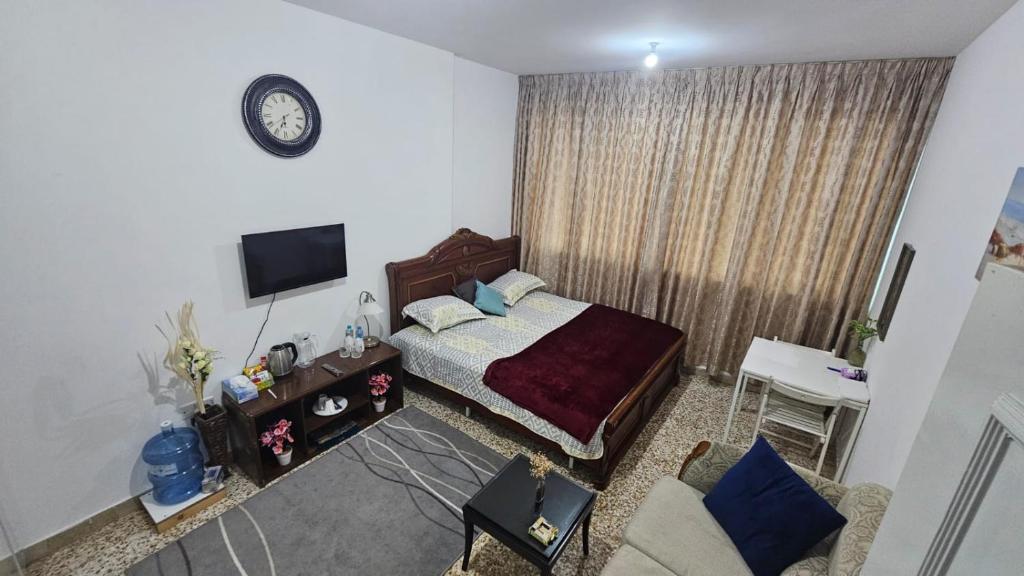 阿布扎比Furnished bedroom near Abu Dhabi Corniche的一间卧室配有一张床、一台电视和一张沙发