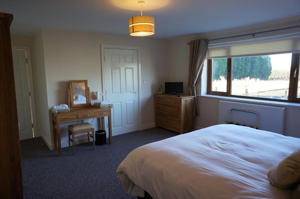 Burscough森林景观度假屋的一间卧室配有一张床、一张书桌和一个窗户。