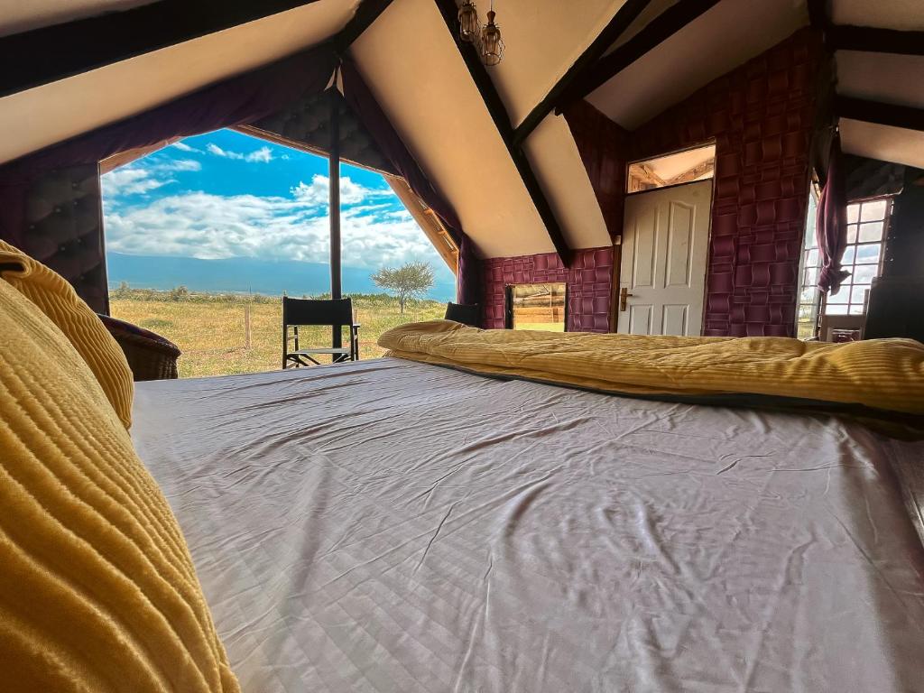 Oloitokitok Kilimanjaro view cabin-Amboseli的田野景客房的一张床位